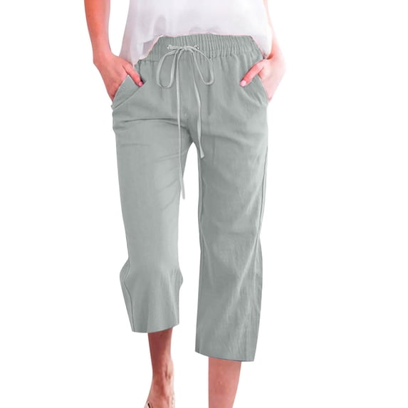 Fangasis Women Bottoms Cropped Trousers Wide Leg Capri Pants Ladies High-Waist Cotton Linen Pant Breathable Summer Palazzo Pea Green S