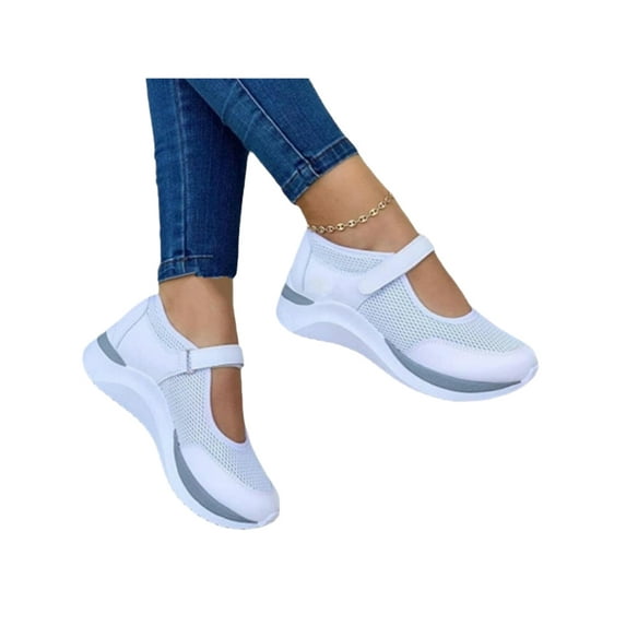 Fangasis Women Casual Sneakers Non-slip Flats Ankle Strap Walking Shoes Jogging Comfortable Mary Jane Sneaker White 6