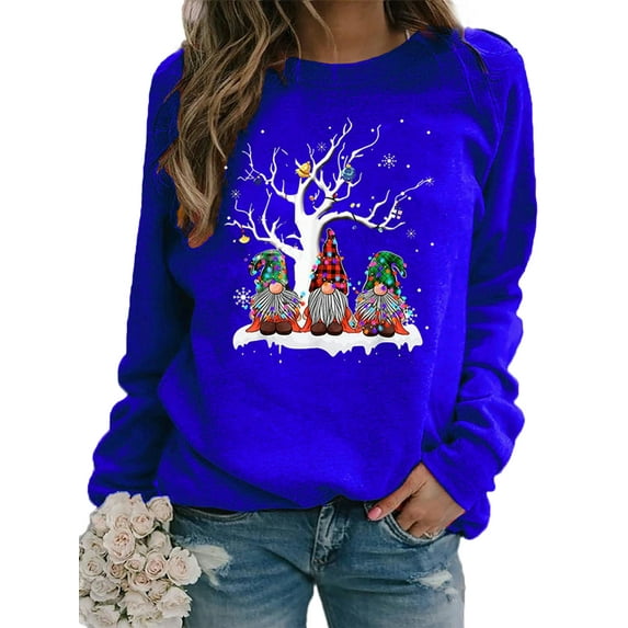 Fangasis Women Christmas Sweatshirts Gnome Print Pullover Tops Crew Neck Xmas Sweatshirt Ladies Comfy Jumper Loose Fit Holiday Blue XS