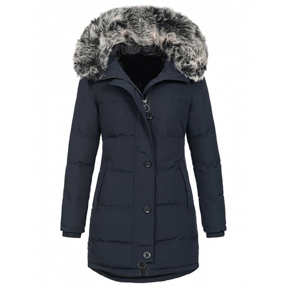 Fangasis Women Coat Buttons Outwear Long Sleeve Thickened Jacket Ladies Slim Fit Hooded Coats Mid Length Winter Dark Blue 3XL