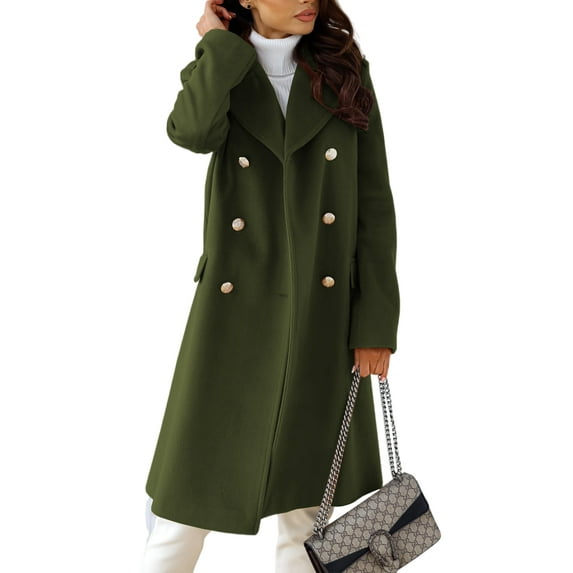 Fangasis Women Coat Double-breasted Outwear Turn Down Collar Jacket Ladies Casual Trench Coats Fashion Party Overcoat Green XL