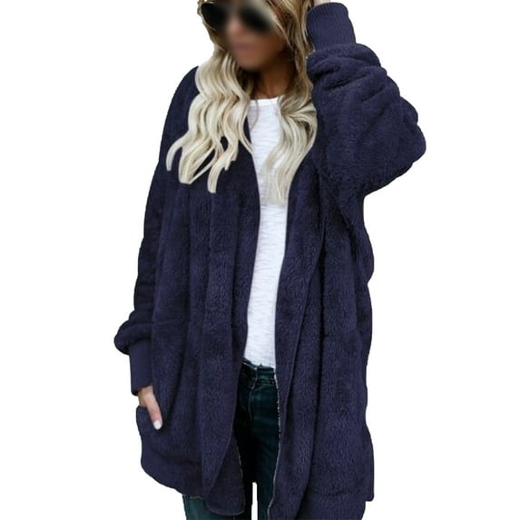 Fangasis Women Coat Hooded Jacket Cardigan Outwear Ladies Warm Overcoats Fuzzy Travel Blue M