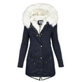 thumbnail image 1 of Fangasis Women Coat Long Sleeve Outwear Solid Color Thickened Jacket Ladies Mid Length Hooded Coats Slim Fit Winter Navy Blue 4XL, 1 of 2