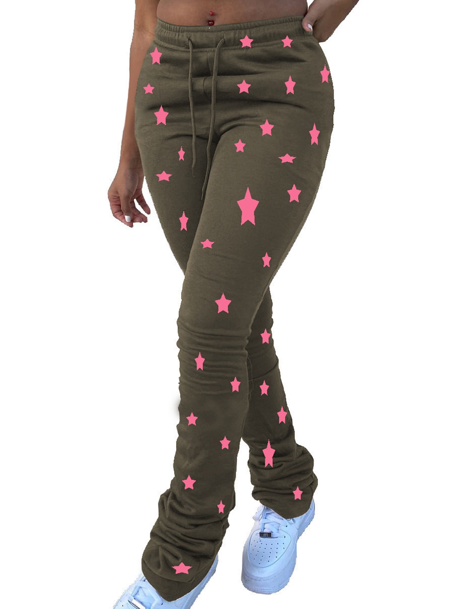 Fangasis Women Denim Pants Stars Printed Sweatpants High Waist Leggings Ladies Stacked Bootcut Pant Ruched Workout Bell Bottoms Multi colored L Walmart