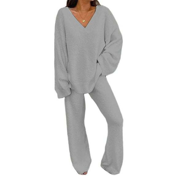 Fangasis Women Lounge Sets Elastic Waist Pajamas V Neck Two Piece Outfit Ladies Casual Top And Palazzo Pant Loose Fit Winter Warm Sleepwear Set Light Grey 3XL