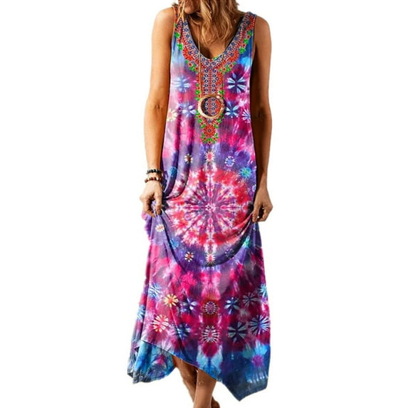 Fangasis Women Maxi Dresses Sleeveless Long Dress V Neck Summer Beach Sundress Ladies Casual Hawaiian Party Red M