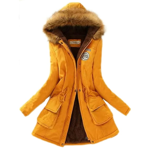 Fangasis Women Overcoat Trim Coat Drawstring Parka Jacket Ladies Casual Thickened Winter Outwear Yellow 2XL