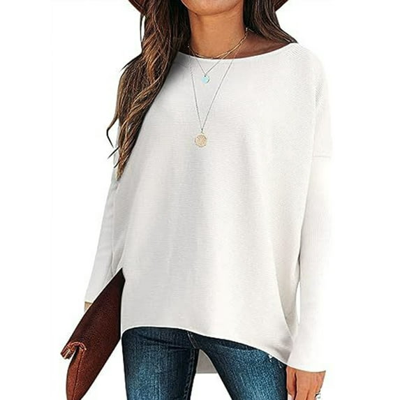Fangasis Women Pullover Knitted Jumper Top Long Sleeve Knit Tops Ladies Loose Tunic Blouse Knitwear Holiday White S