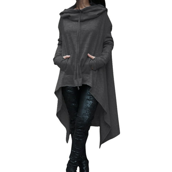 Fangasis Women Pullover Solid Color Sweatshirt Long Sleeve Hoodies Ladies Leisure Hooded Tops Knee Length Turtleneck Dark Gray 5XL