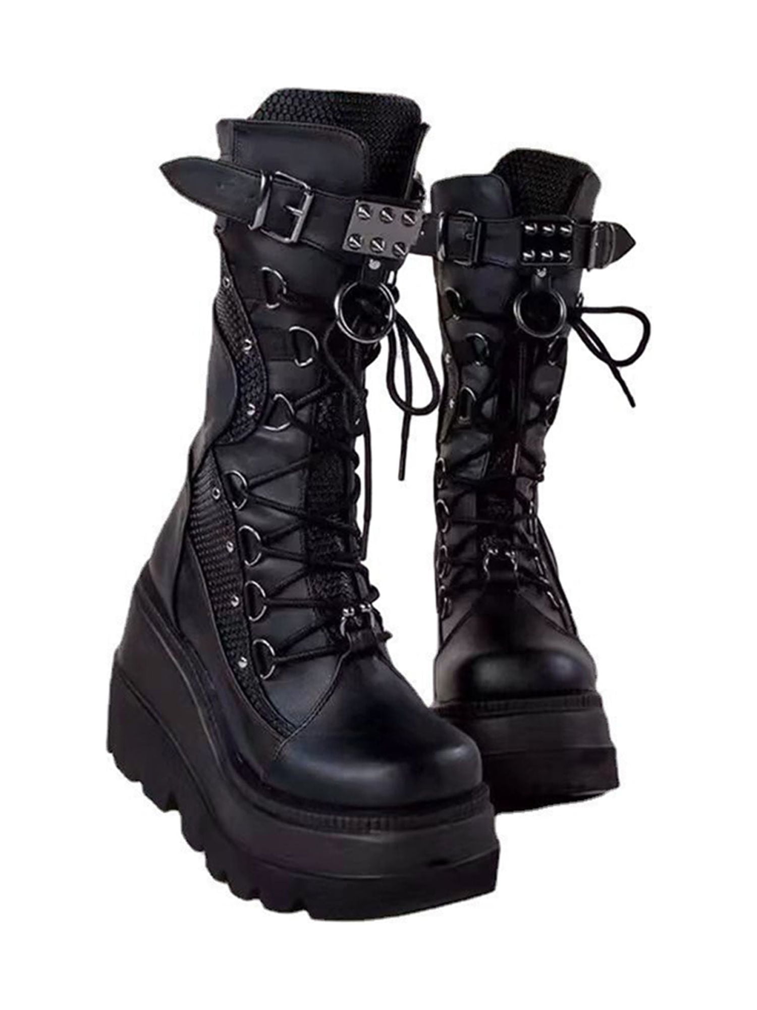 Fangasis Women Punk Goth Boot Casual Shoes Buckle Strap Platform Boots