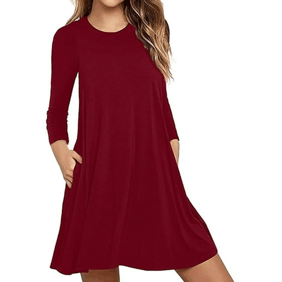 Fangasis Women Short Mini Dresses Solid Color Sundress Crew Neck T Shirt Dress Ladies Casual Simple Kaftan Wine Red L