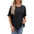 thumbnail image 1 of Fangasis Women Summer Tops Crew Neck T-shirt Short Sleeve T Shirt Ladies Loose Tunic Blouse Solid Color Beach Tee Black L, 1 of 3