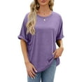 thumbnail image 1 of Fangasis Women Summer Tops Crew Neck T-shirt Short Sleeve T Shirt Ladies Loose Tunic Blouse Solid Color Beach Tee Purple M, 1 of 3