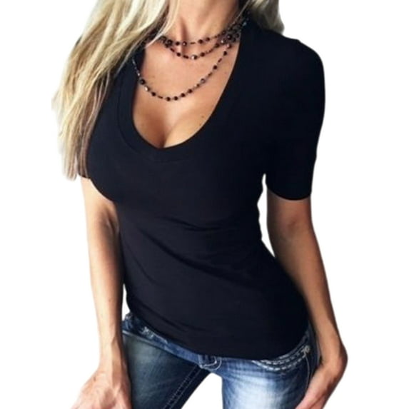 Fangasis Women Summer Tops Short Sleeve T-shirt Deep V Neck T Shirt Ladies Sexy Tee Slim Fit Holiday Tunic Blouse Black 2XL