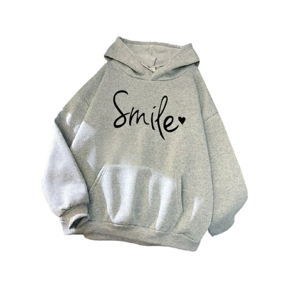 Fangasis Women Sweatshirt Long Sleeve Hoodies Letter Print Hooded Tops Ladies Casual Pullover Loose Fit Fall Grey 2XL