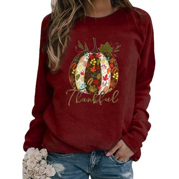 Fangasis Women T Shirt Long Sleeve Thanksgiving Tops Pumpkin Print Tee Ladies Funny Pullover Casual Festival T-shirt Claret S