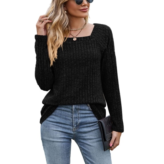 Fangasis Women T Shirt Square Neck Tunic Tops Long Sleeve Pullover Ladies Casual Blouse Loose Dailywear Tee Black XL