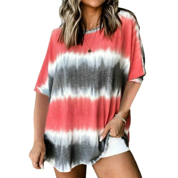 Fangasis Women T Shirt Tie Dye T-shirt Short Sleeve Summer Tops Ladies Loose Pullover Casual Beach Tunic Blouse Red XL