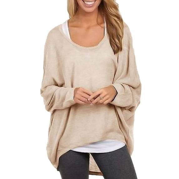 Fangasis Women T-shirt Scoop Neck Tee Solid Color T Shirt Ladies Chic Pullover Lightweight Loungewear Tops Beige M