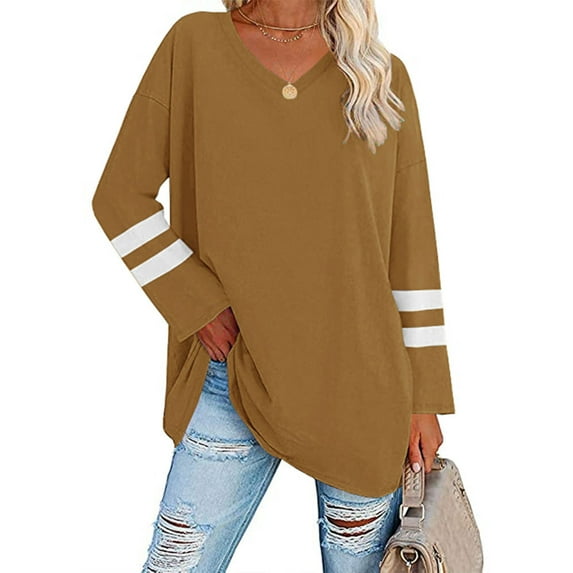 Fangasis Women T-shirt V Neck Tee Long Sleeve T Shirt Ladies Loose Tunic Blouse Casual Work Pullover Khaki L