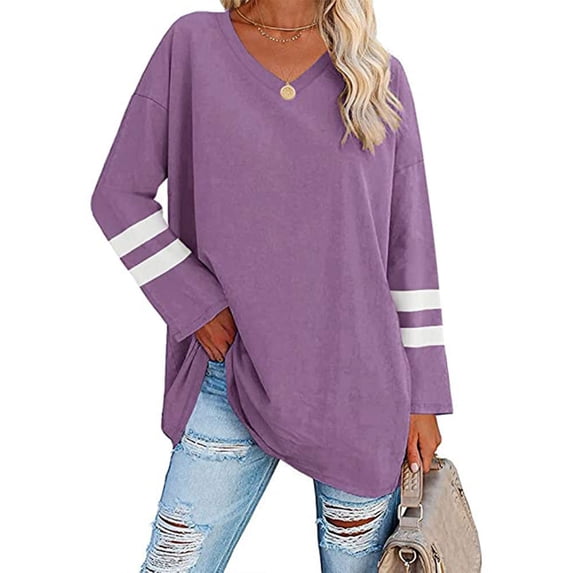 Fangasis Women T-shirt V Neck Tee Long Sleeve T Shirt Ladies Loose Tunic Blouse Casual Work Pullover Purple S