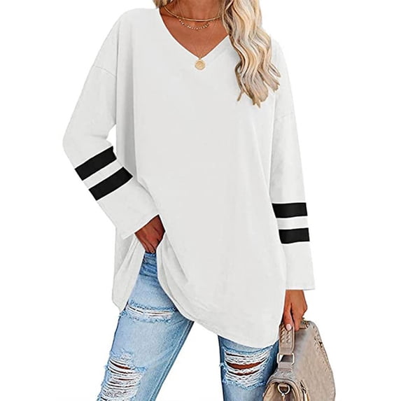 Fangasis Women T-shirt V Neck Tee Long Sleeve T Shirt Ladies Loose Tunic Blouse Casual Work Pullover White XL