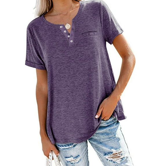 Fangasis Women Tops Short Sleeve T Shirt Solid Color Tee Ladies Bohemian Pullover Comfy Loungewear Top Purple XXL