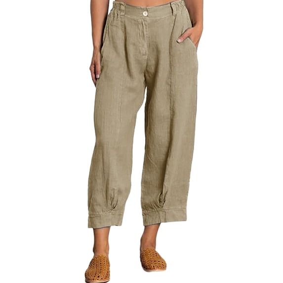 Fangasis Women Trousers Mid Waist Loungewear Solid Color Long Pants Ladies Baggy Palazzo Capri Summer Cotton Linen Pant Khaki M
