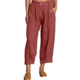 thumbnail image 1 of Fangasis Women Trousers Mid Waist Loungewear Solid Color Long Pants Ladies Baggy Palazzo Capri Summer Cotton Linen Pant Red XL, 1 of 8