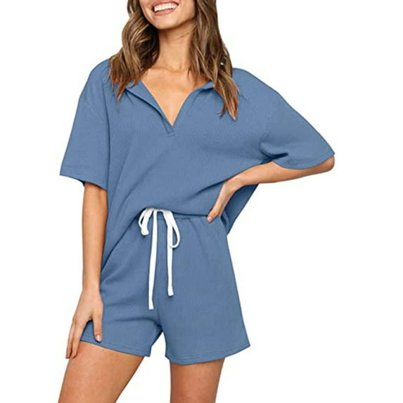 Fangasis Women Two Piece Outfit V Neck Jogger Set Solid Color Lounge Sets Ladies Loungewear Sleepwear Casual Sports Pajamas Blue S