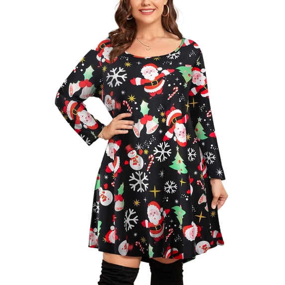 Fangasis Women Xmas Knee Length Dresses Long Sleeve Christmas Plus Size Dress Crew Neck Ladies Funny Casual Festival Element E XL