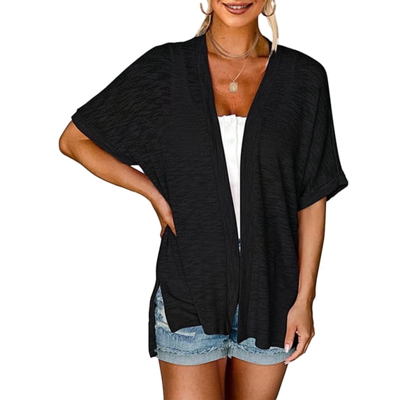 Fangasis Womens Cardigan Open Front Cover Up Short Sleeve Shirt Women's Lightweight Tops Loose Summer Black M