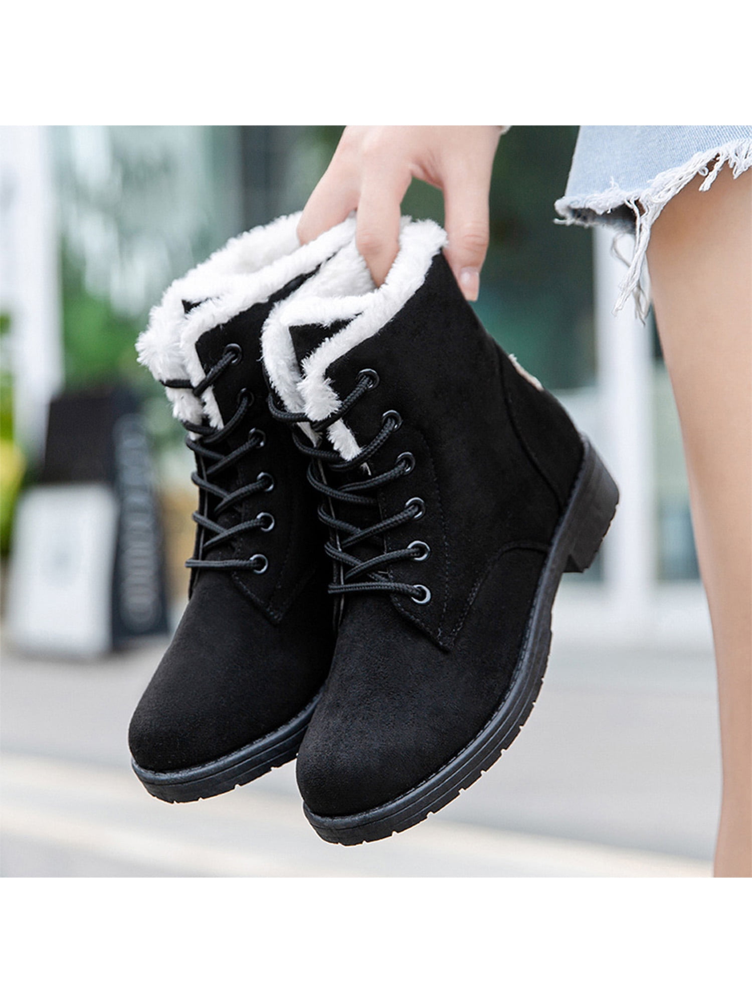 Fangasis Winter Boots for Women Platform Cotton Warm Plush Snow Ankle Boot  Lace Up Flat Booties Cute Plus Size Shoes Warm Thicken Boots for Ladies