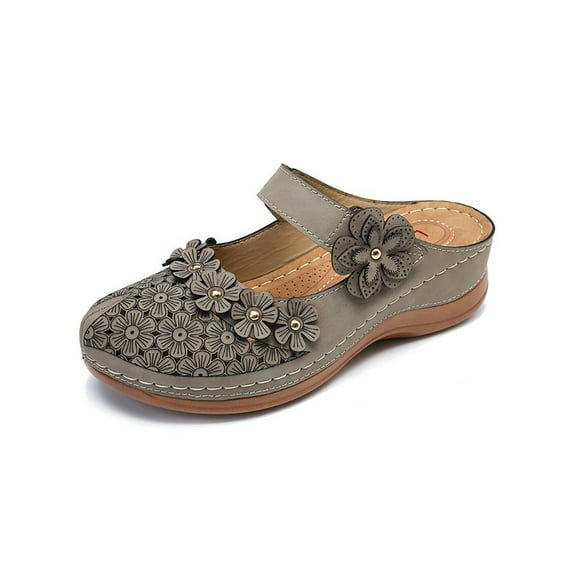 Fangasis Womens Wedge Sandals Lightweight Casual Shoes Closed Toe Slides Beach Flowers Slide Slippers Gray 10