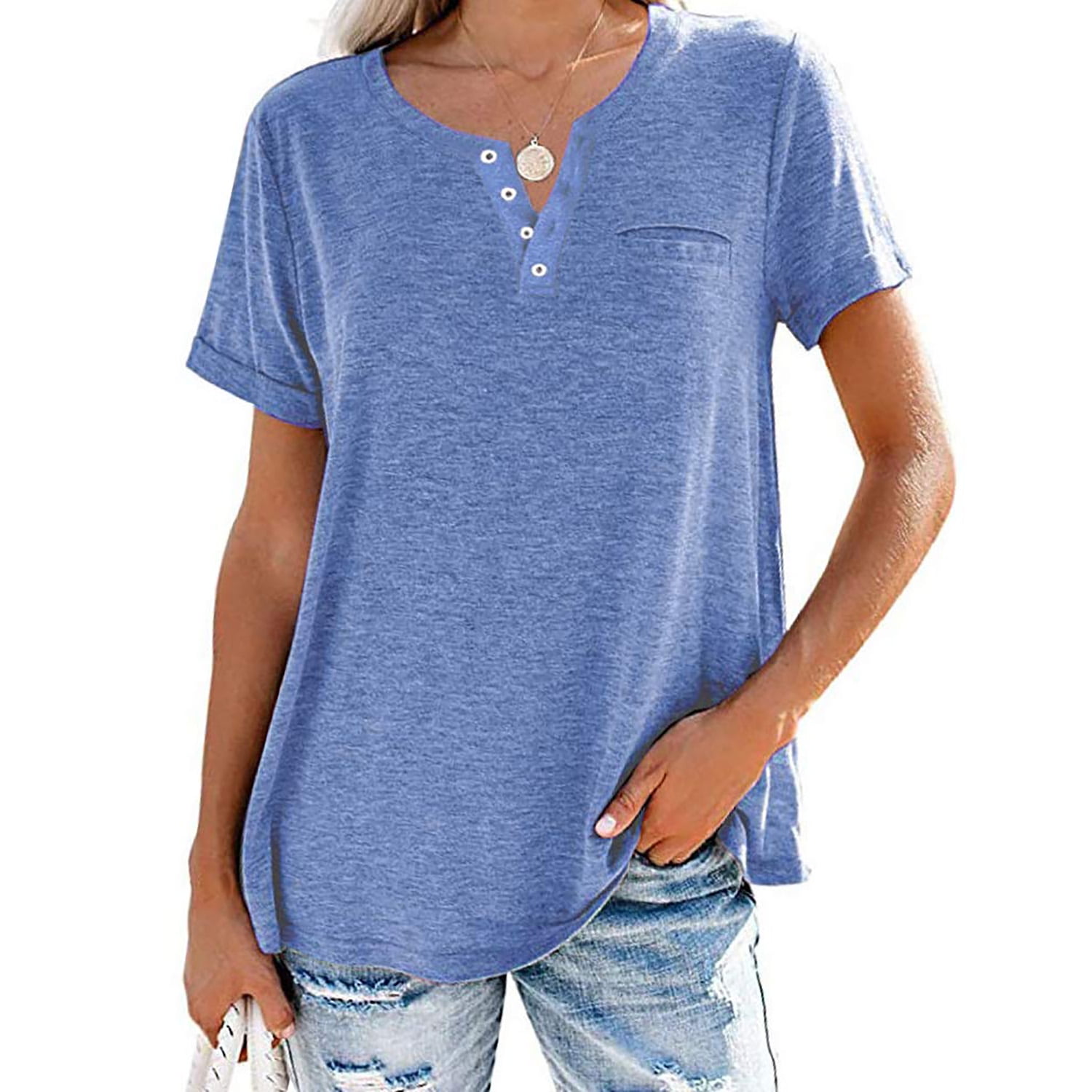 Fangetey Women's Henley V-Neck T-Shirt Short Sleeve - Walmart.com
