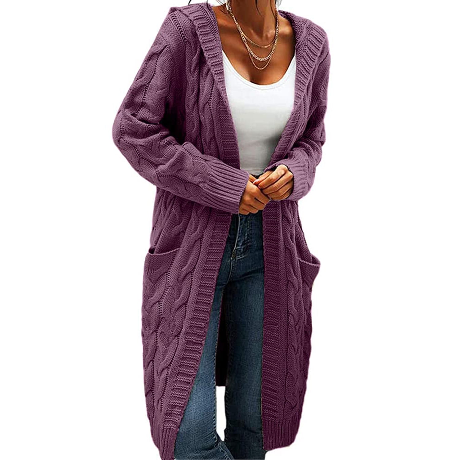 Fangetey Women's Hooded Cardigan Knit Sweater Solid Thick Long Sweater