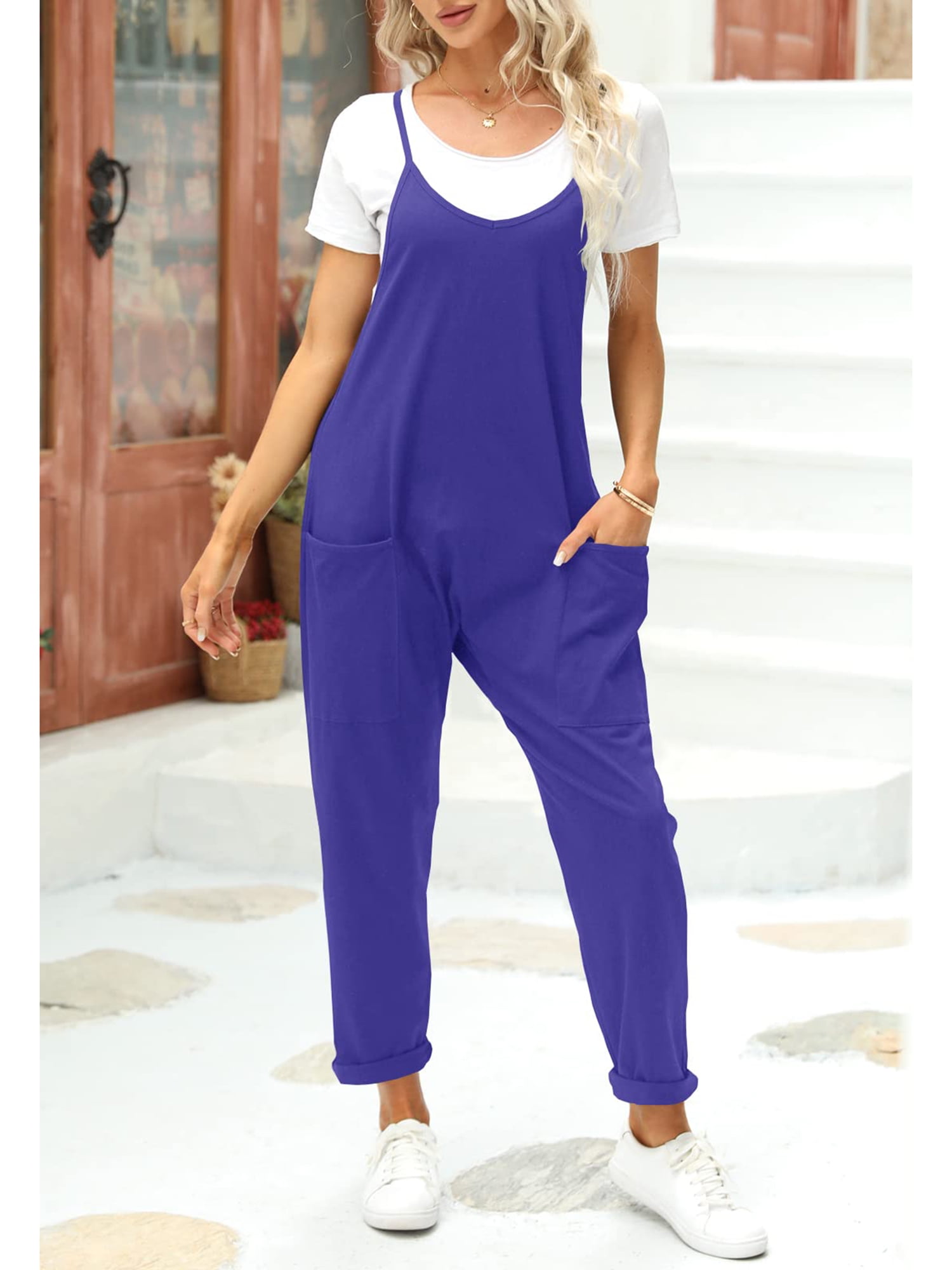 Fangetey Womens Casual Sleeveless Jumpsuits Spaghetti Strap Loose