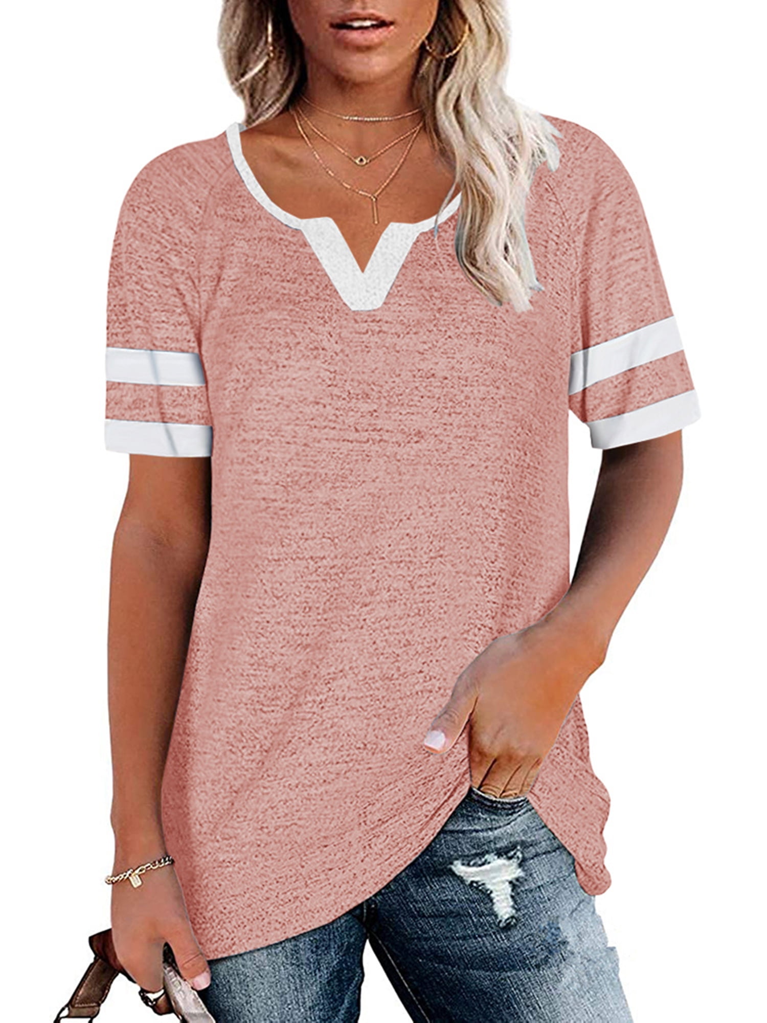 MaQiYa Women's Color Block Henley V-Neck T-Shirt - Raglan Short Sleeve, Cotton Blend, Loose Fit Casual Top