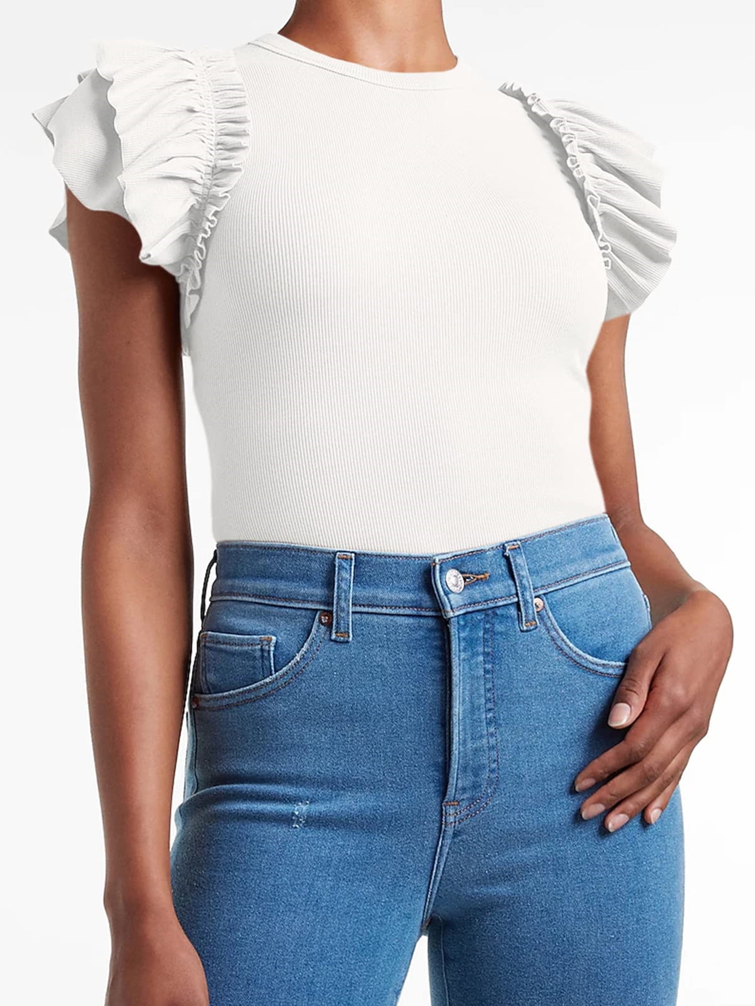 Fangetey Womens Ruffle Short Sleeve Shirts Slim Fit High Neck Knit Ribbed Tops - Walmart.com