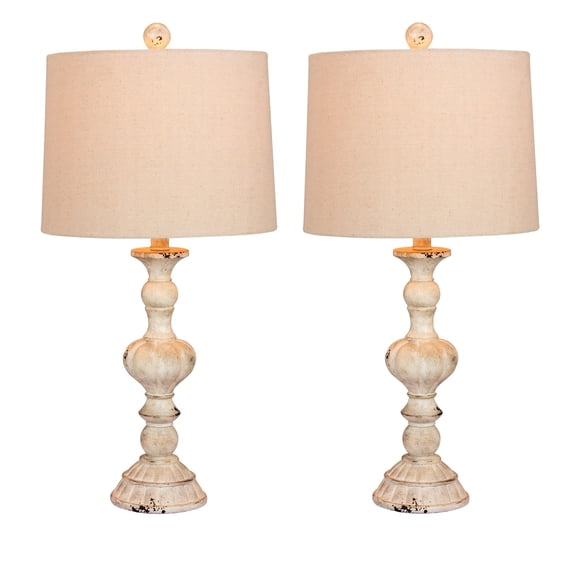 cory martin w-6238caw-2pk fangio lighting's #6238caw-2pk pair of distressed, sculpted candlestick resin table lamps finish, 26.5, cottage antique white, 2 piece