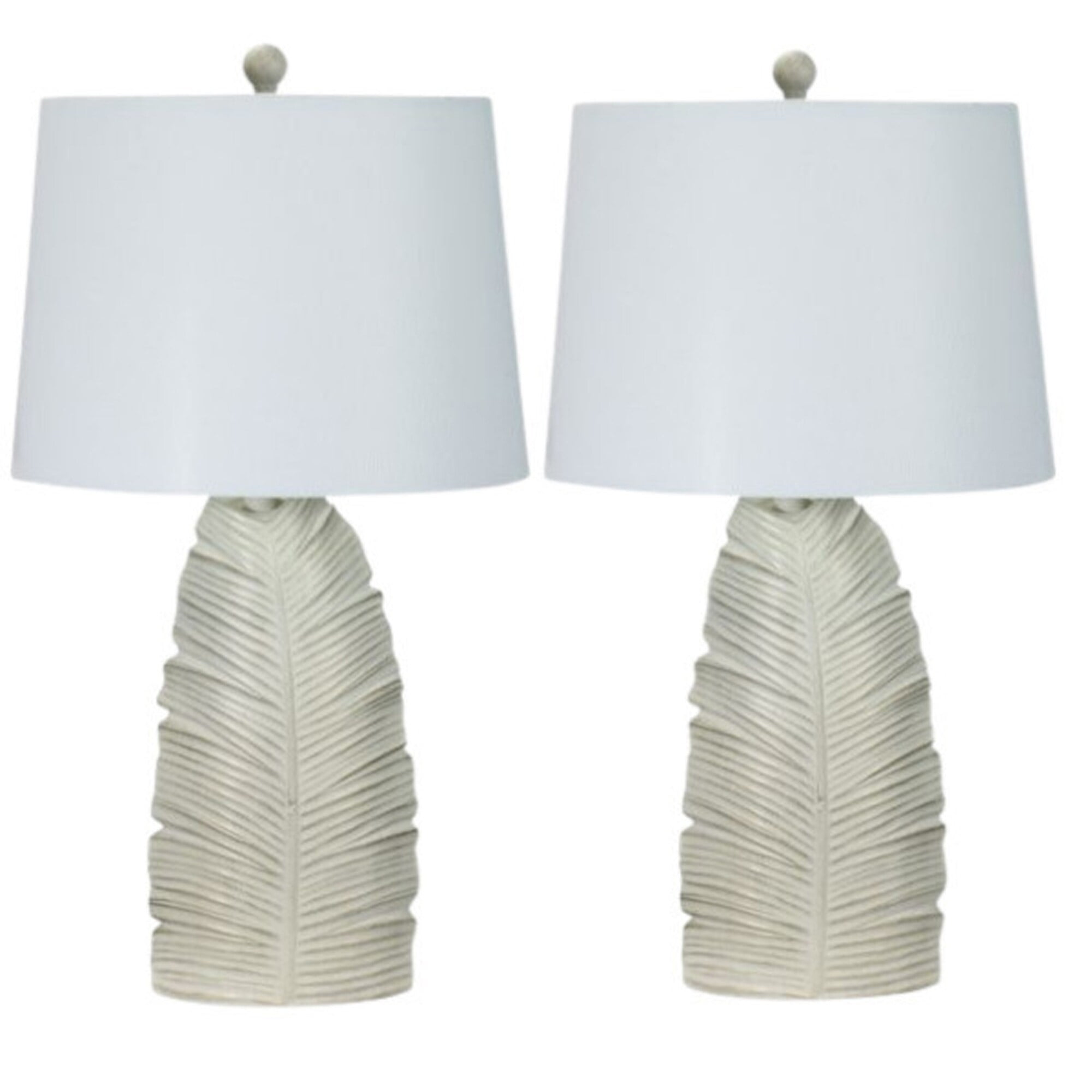 Pair of 26in White Resin Palm Leaf Table Lamps with Linen Shades