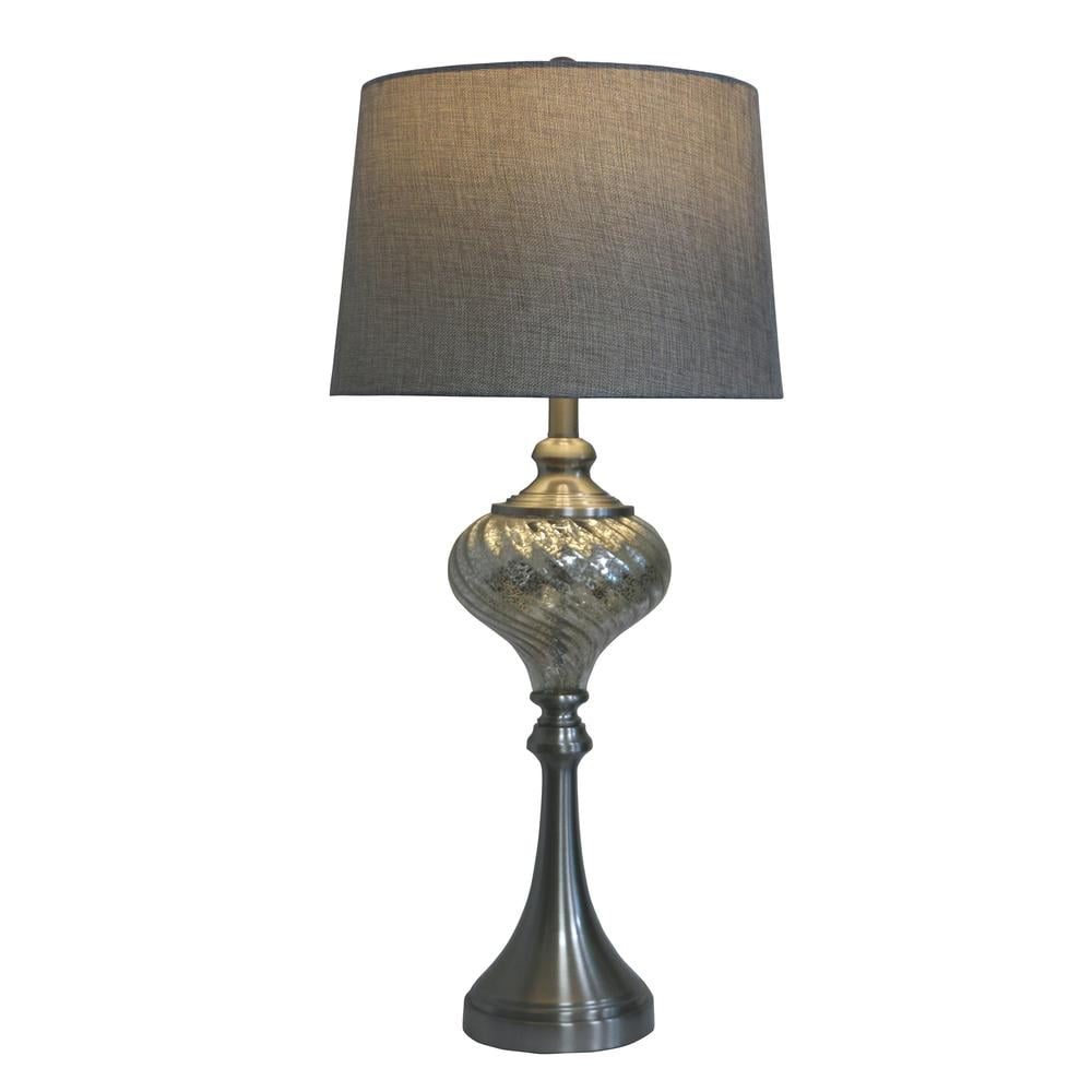 30" Brushed Steel and Mercury Glass Table Lamp with Gray Shade