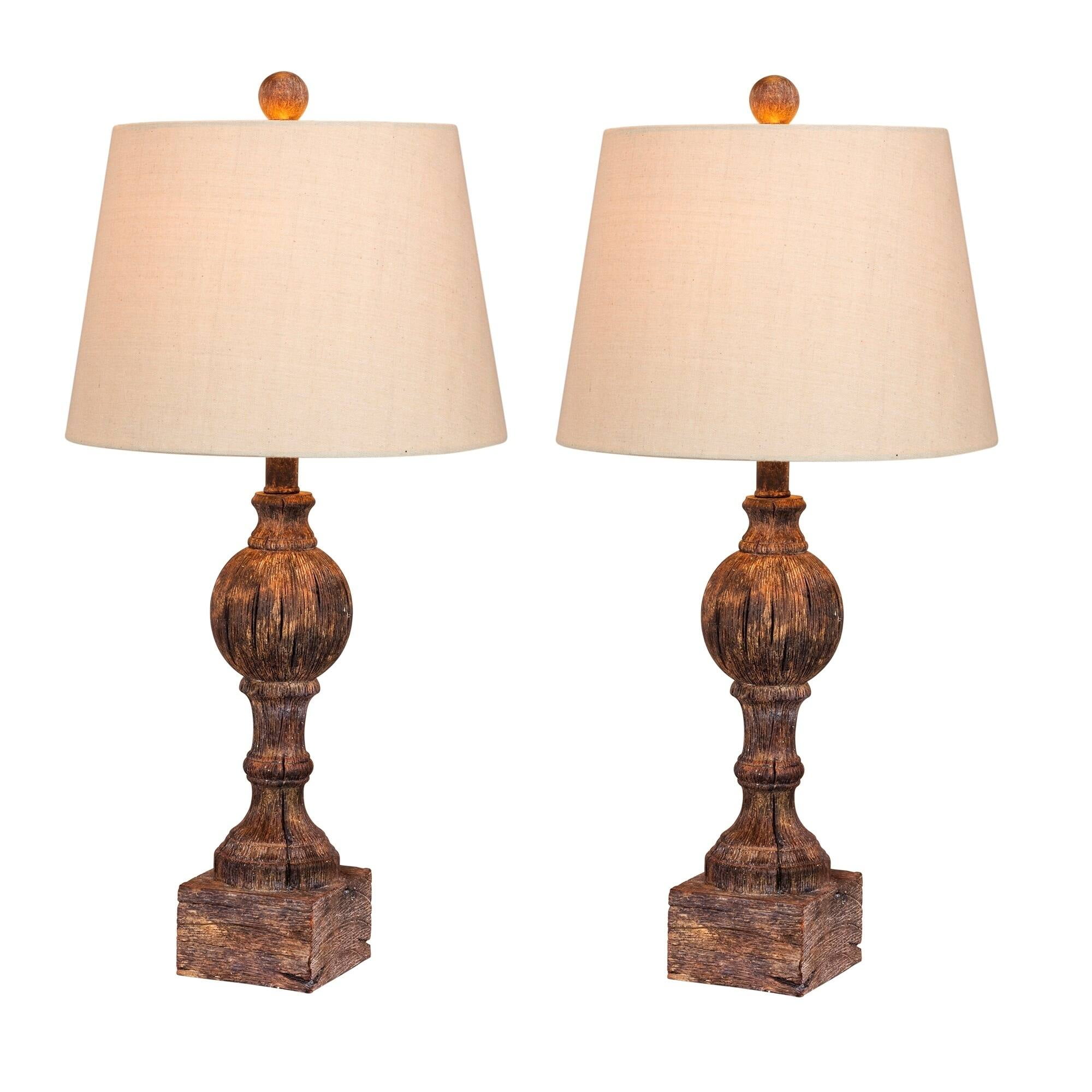 Antique Brown Sculpted Resin Table Lamps with Oatmeal Shades, Set of 2