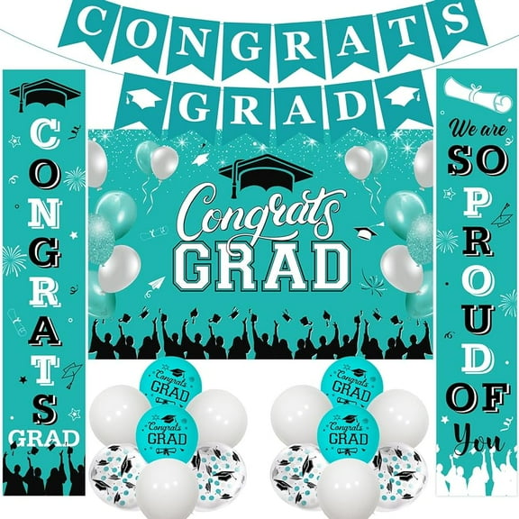 Fangleland 2024 Graduation Decorations Teal Blue, Congrats Grad Backdrop Banner - We Are So Proud of You Door Sign Banner, Graduation Confetti Balloons for Class of 2024 Celebration Party