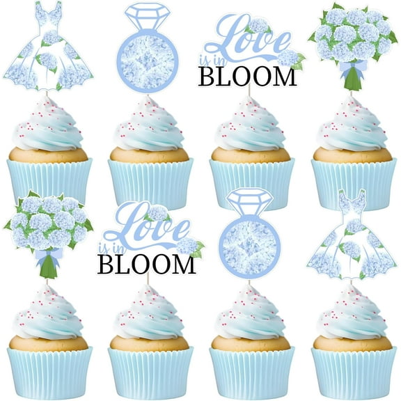 Fangleland 24Pcs Hydrangea Bridal Shower Cupcake Toppers Decorations, Flower Themed Cupcake Picks Love Is in Bloom Wedding Engagement Party Supplies