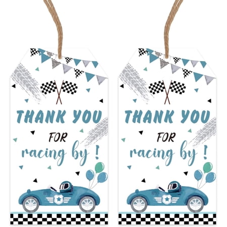 Fangleland 50Pcs Blue Green Race Car Theme Thank You Tags, Racing Car Birthday Baby Shower Thanks Cards Notes Checkered Decorations, Thank You for Racing By Labels Racing Sports Party Decor Supplies