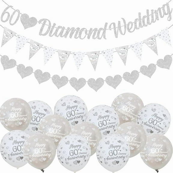 Fangleland 60th Anniversary Decorations - Diamond Wedding Glitter Banners, Bunting Flag and Balloons for Party Supplies