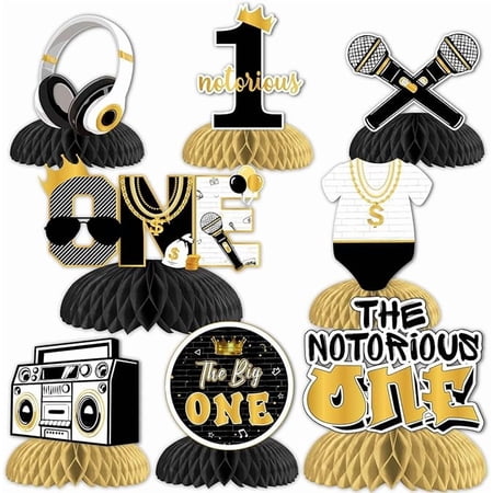 Fangleland 8Pcs The Notorious One Birthday Decorations, Black Gold 1st Birthday Honeycomb Centerpieces - The Big One Theme First Birthday Decorations, Hip Hop 3D Table Decor for One Year Old Boy