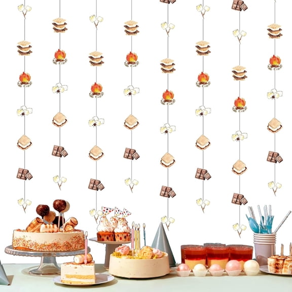 Fangleland 8Pcs SMore Theme Streamers, Bonfire Marshmallow Paper Garland for Camping Camper Birthday Baby Shower Party, Campfire Smore Hanging Decorations Supplies