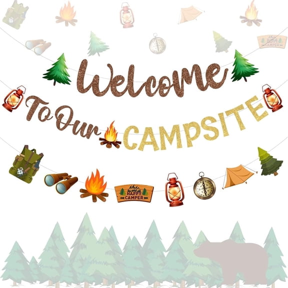 Fangleland Camping Party Decorations Welcome To Our Campsite Banner, Camper Garland for Lumberjack Birthday Baby Shower Adventure Party Supplies